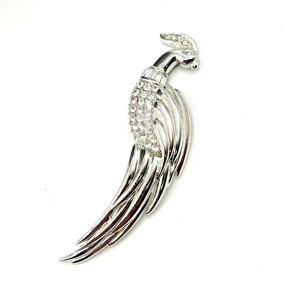 Vintage MONET Figural Bird of Paradise Baguette Rhinestone Silver Tone Brooch 4" - Picture 4 of 10